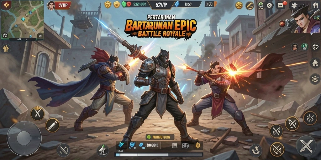 Screenshot 62VIP menampilkan pertarungan seru dalam arena Battle Royale.