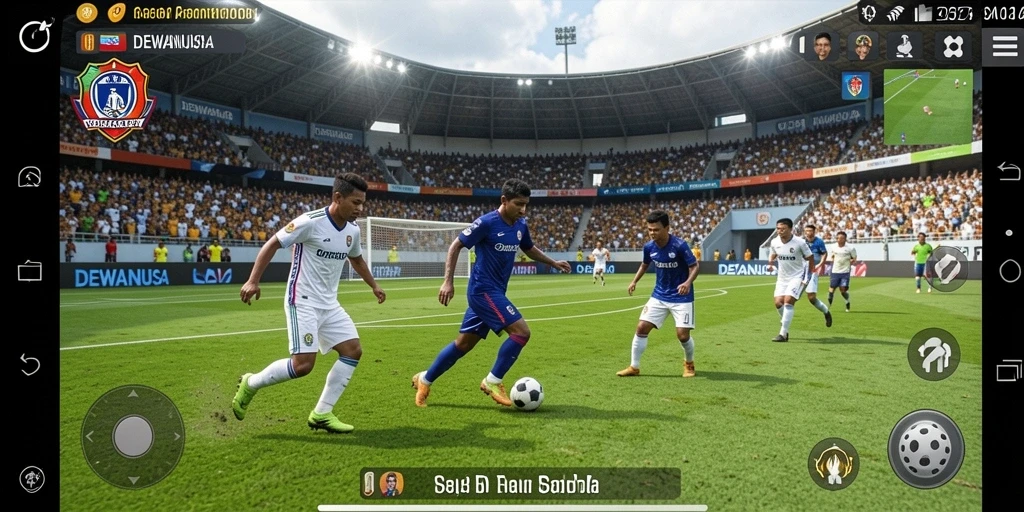 Tangkapan layar gameplay DEWANUSA menampilkan aksi sepak bola yang epik.