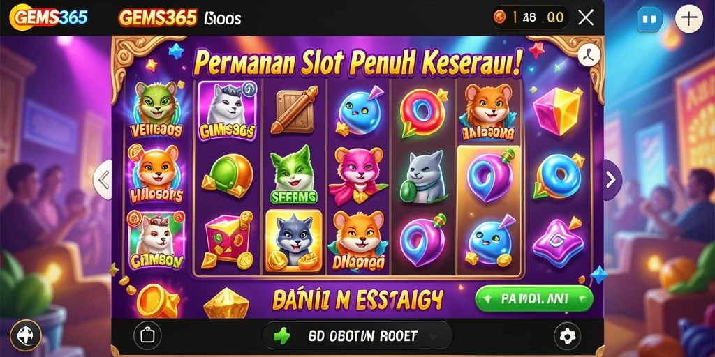 Screenshot GEMS365 menunjukkan keseruan permainan Slot dengan tampilan yang memukau.