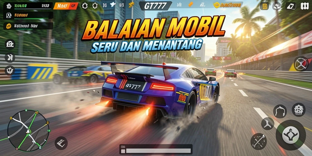 Screenshot gameplay GT777 yang menunjukkan aksi balapan yang mendebarkan.