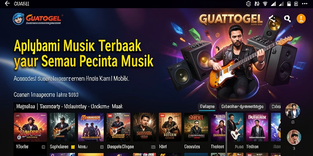 Screenshot utama GUATOGEL menampilkan antarmuka pengguna tengah memainkan musik.