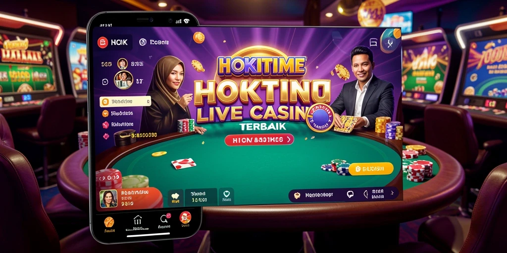 Screenshot HOKITIME menampilkan dealer langsung dan suasana permainan Live Casino.