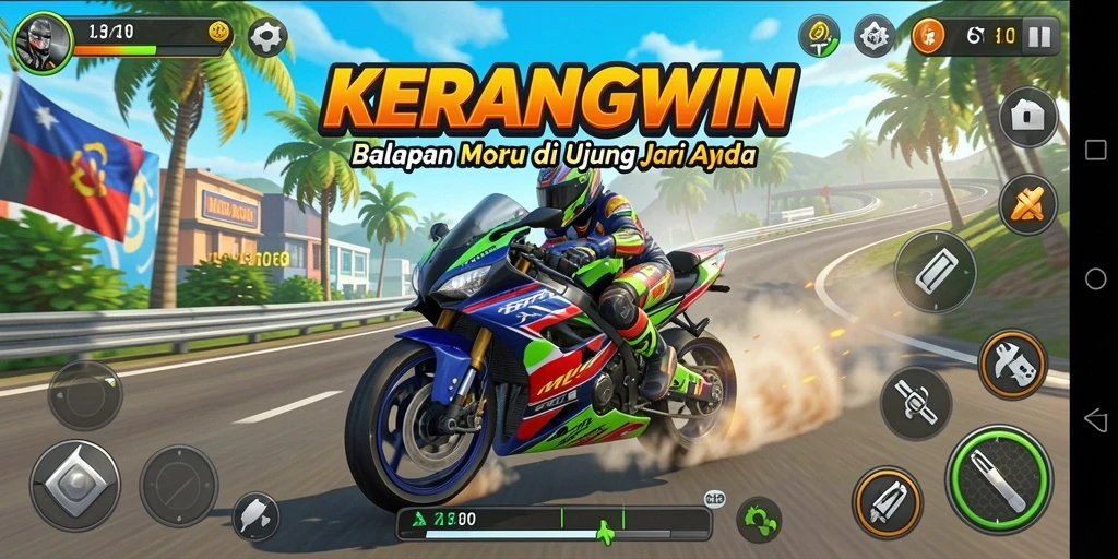 Tampilan gameplay KERANGWIN dengan motor balap yang mendebarkan.