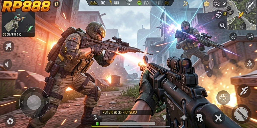 Screenshot gameplay RP888 menampilkan aksi tembak-menembak yang seru.